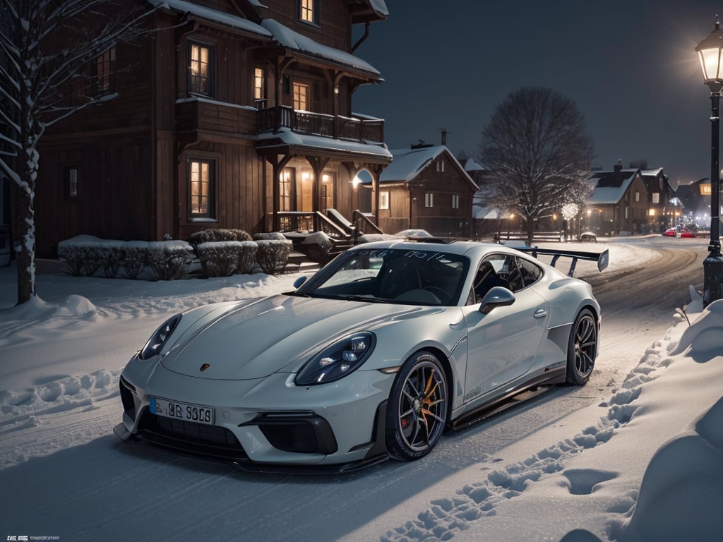 2030s era, supercar, coupe, silver paint, racing custom, open front light, designed by Porsche, in the festival, snowy, night time, (best quality, realistic, photography, highly detailed, 8K, HDR, photorealism, naturalistic, lifelike, raw photo) 