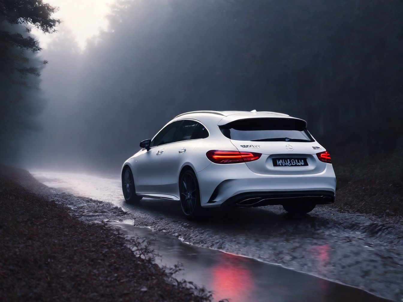 Realistic candid photo, hatchback car, brand Mercedes-AMG, gross white body, in the woods, stream, dawn, hazy, view from back,
