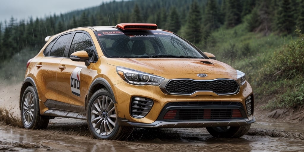 Rally car, (Kia), in the wild, rainy, mud stained, front view, (masterpiece, best quality, extremely detailed), (realistic, photorealistic, high resolution) 