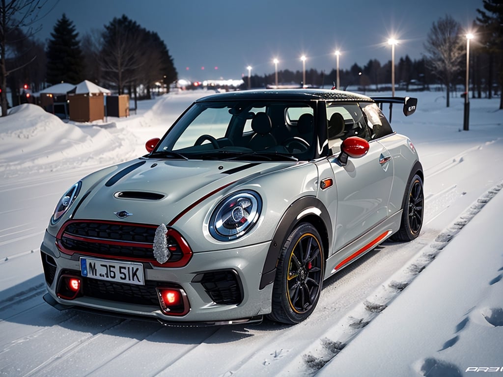 2030s era, supercar, coupe, silver body paint, racing custom, open front light, designed by MINI, in the festival, snowy, night time, (best quality, realistic, photography, highly detailed, 8K, HDR, photorealism, naturalistic, lifelike, raw photo) 