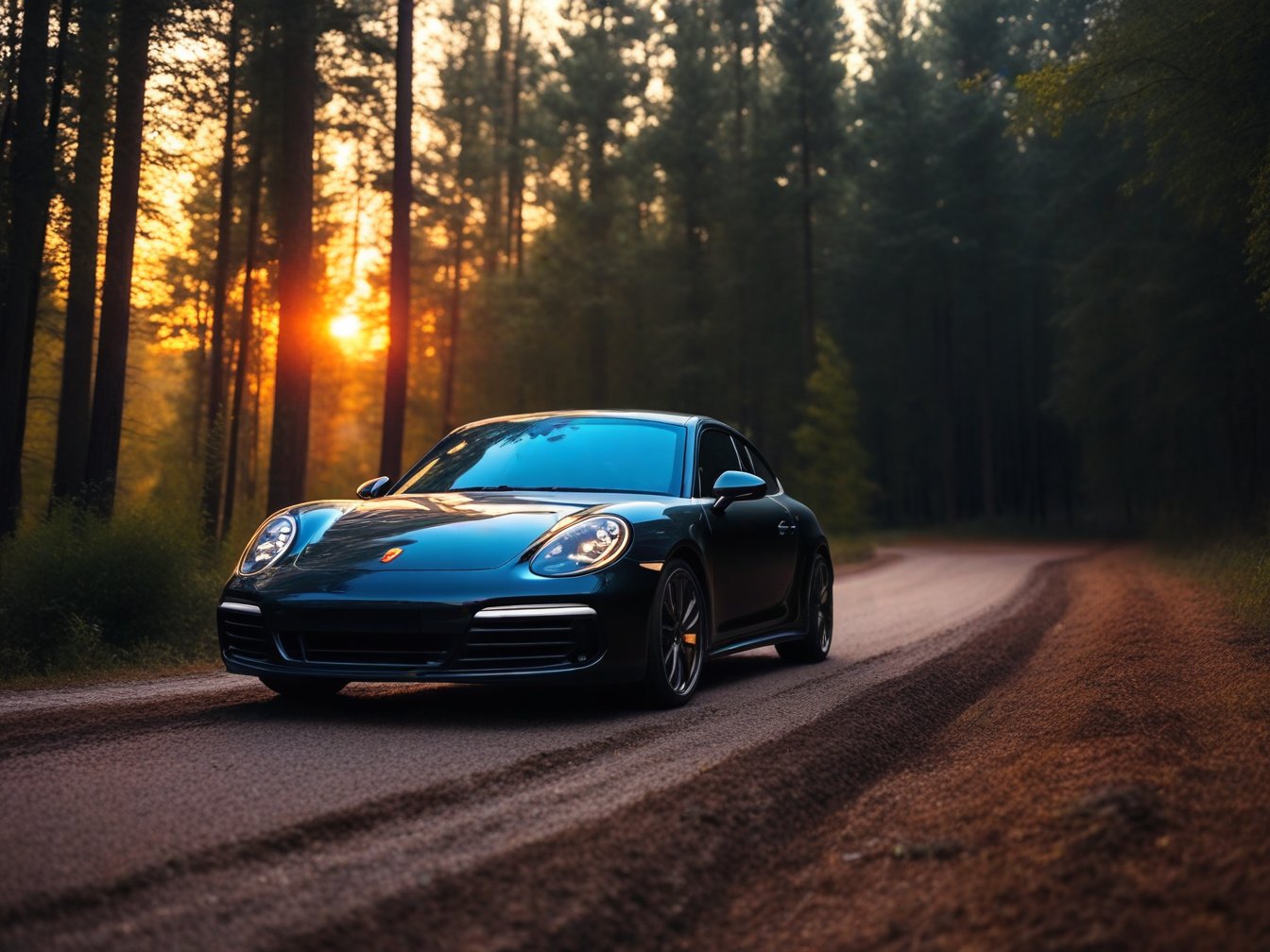 Realistic candid photo, hatchback car, brand Porsche, matte black, in the forest, dirt road, evening, sunset, view from below,
