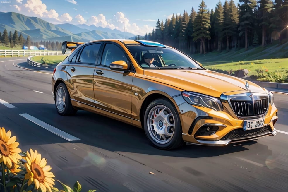 Rally car, hatchback, (Maybach), in the wild, sunsrt, evening, (from bottom view), 