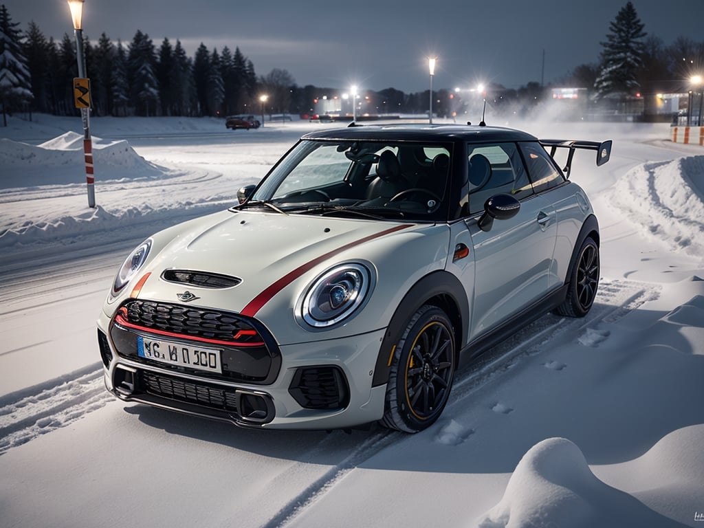 2030s era, supercar, coupe, silver body paint, racing custom, open front light, designed by MINI, in the festival, snowy, night time, (best quality, realistic, photography, highly detailed, 8K, HDR, photorealism, naturalistic, lifelike, raw photo) 