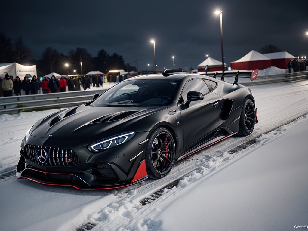 2030s era, supercar, coupe, racing custom, open front light, black body, designed by Mercedez AMG, in the festival, snowy, night time, (best quality, realistic, photography, highly detailed, 8K, HDR, photorealism, naturalistic, lifelike, raw photo) 