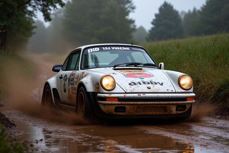 Rally car, (Porsche), in the wild, mud stained, rainy, evening, 