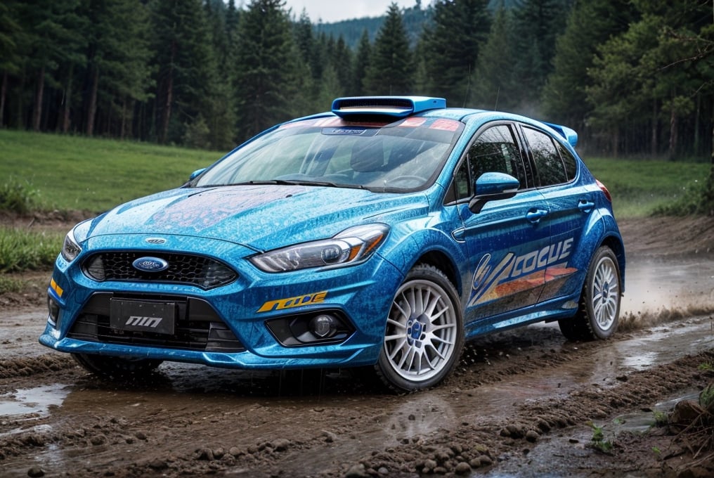 Rally cars, hatchback, blue paint, (Ford), in the wild, rainy, dirt stained, front view, (masterpiece, best quality, extremely detailed), (realistic, photorealistic, high resolution) 