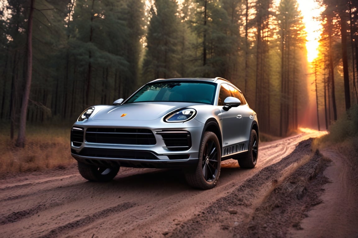 Realistic candid photo, SUV car, brand Porsche, matte silver body, all-terrain-tire, in the forest, dirt road, evening, sunset, view from front,
