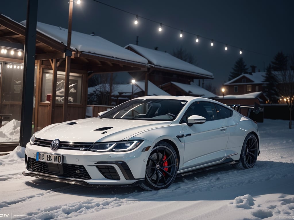 2030s era, supercar, coupe, silver body paint, racing custom, open front light, designed by Volkswagen, in the festival, snowy, night time, (best quality, realistic, photography, highly detailed, 8K, HDR, photorealism, naturalistic, lifelike, raw photo) 