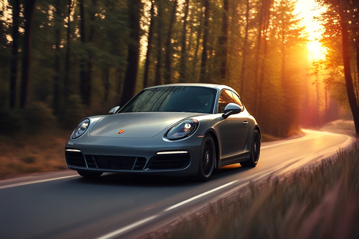 Realistic candid photo, hatchback car, brand Porsche, in the forest, dirt road, evening, sunset, view from side,