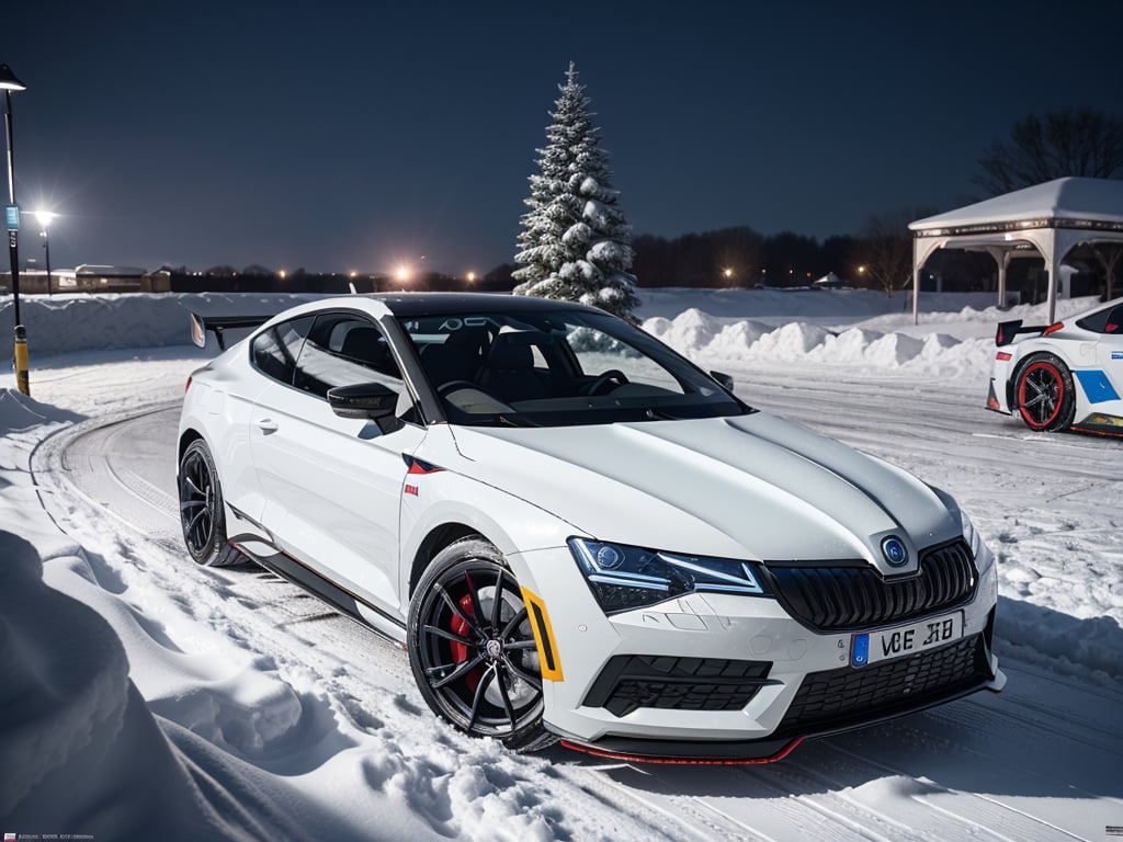 2030s era, supercar, coupe, silver body paint, racing custom, open front light, designed by Skoda, in the festival, snowy, night time, (best quality, realistic, photography, highly detailed, 8K, HDR, photorealism, naturalistic, lifelike, raw photo) 