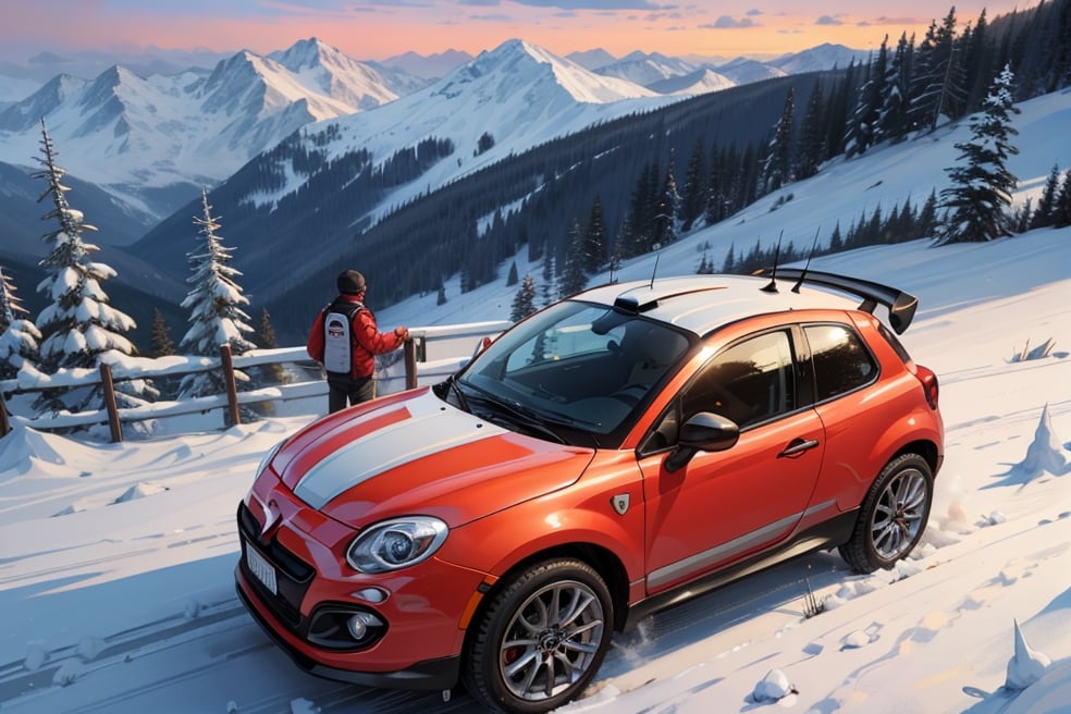 Rally car, (Fiat), in the mountains, snowy, dawn, (from side view), 