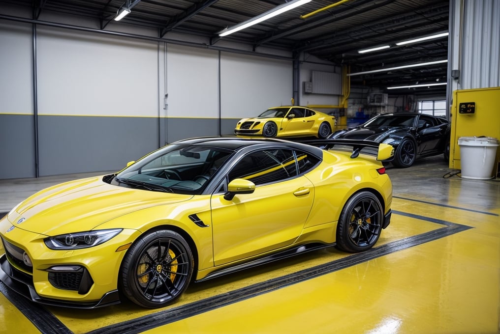 sport cars, in the factory, yellow paint, side view, (masterpiece, best quality, highly detailed) 