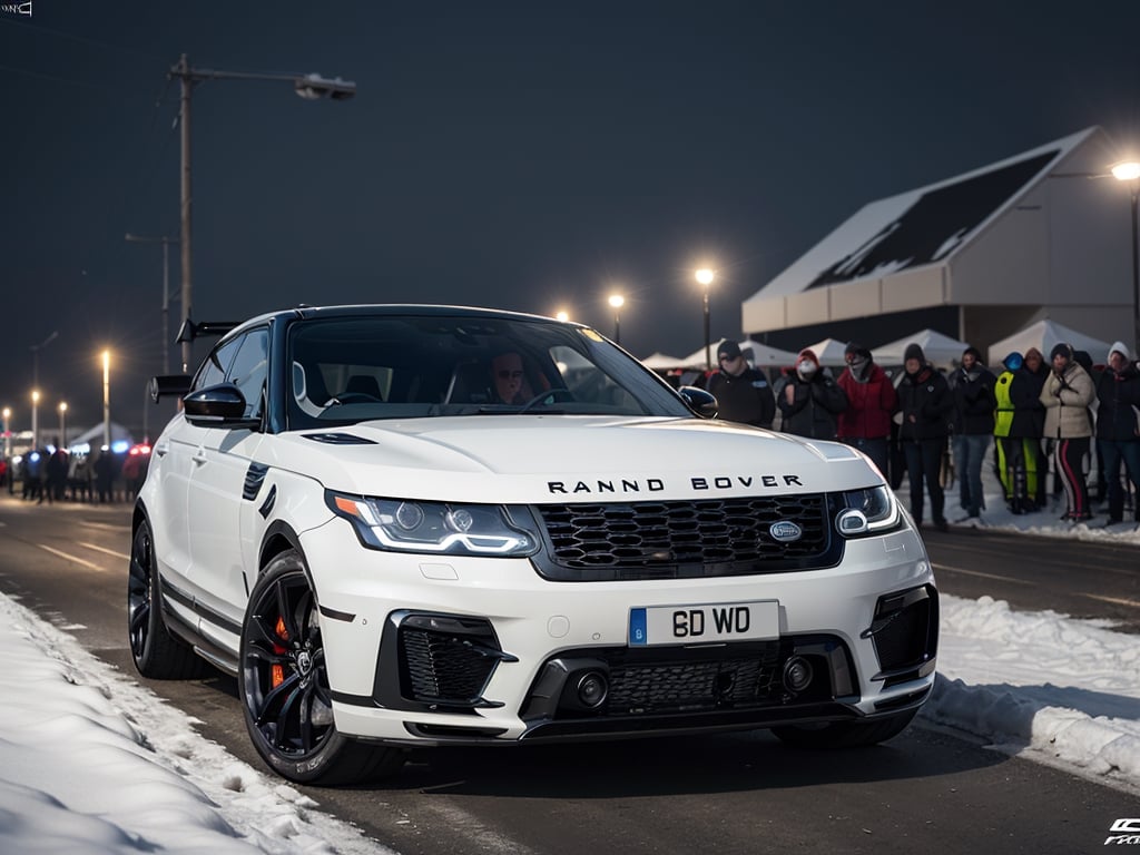 2030s era, supercar, coupe, racing custom, open front light, black body, designed by Land Rover, in the festival, snowy, night time, (best quality, realistic, photography, highly detailed, 8K, HDR, photorealism, naturalistic, lifelike, raw photo) 