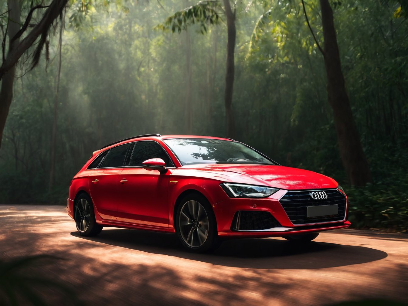 Realistic candid photo, view from side, hatchback car, brand AUDI, gross red body, in the jungle, morning light, high shadow detail,
