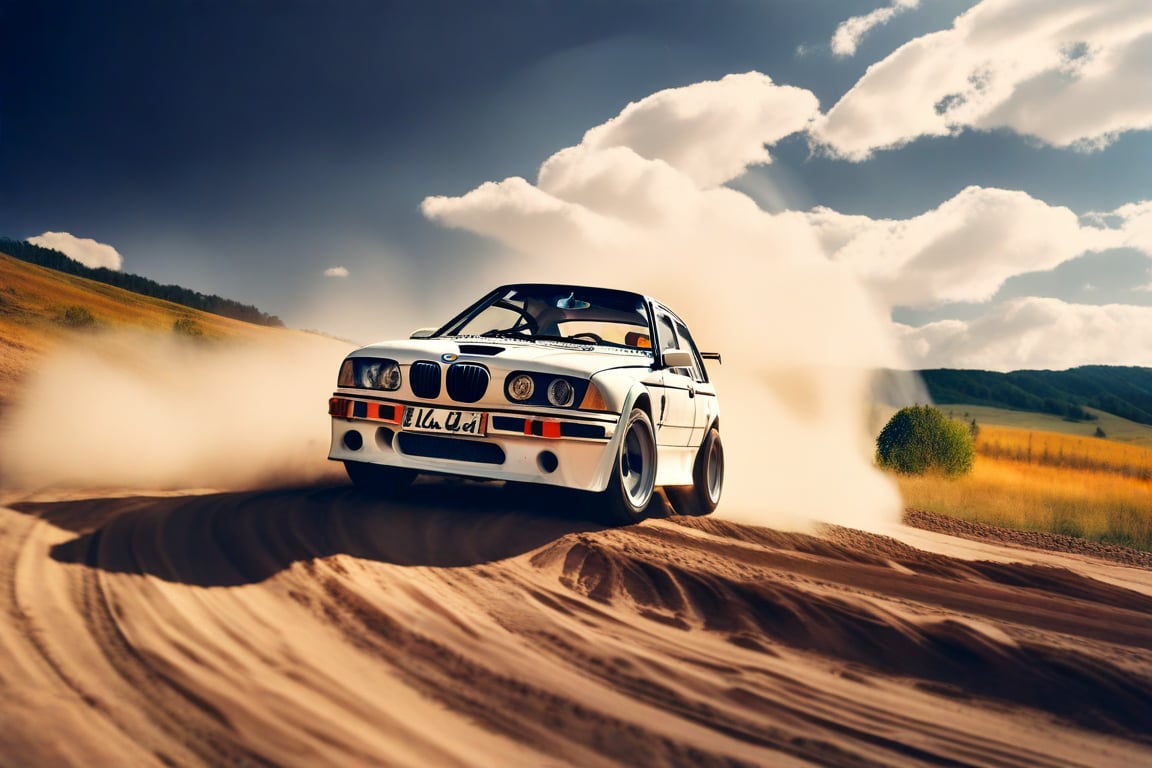 side view, rally car, brand BMW, in the wild, dirt road, noon,