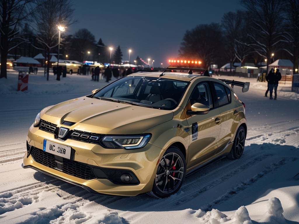 2030s era, supercar, coupe, gold body paint, racing custom, open front light, designed by Dacia, in the festival, snowy, night time, (best quality, realistic, photography, highly detailed, 8K, HDR, photorealism, naturalistic, lifelike, raw photo) 