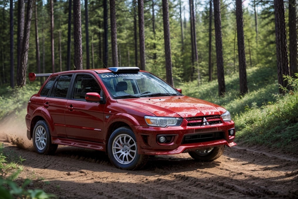 Rally cars, dark red paint, (Mitsubishi), in the woods, mud stained, front view, (masterpiece, best quality, extremely detailed), (realistic, photorealistic, high resolution) 