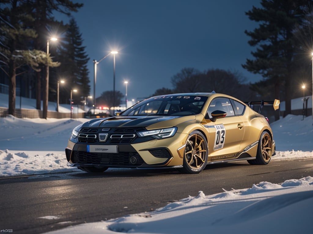 2030s era, supercar, coupe, gold body paint, racing custom, open front light, designed by Dacia, in the festival, snowy, night time, (best quality, realistic, photography, highly detailed, 8K, HDR, photorealism, naturalistic, lifelike, raw photo) 