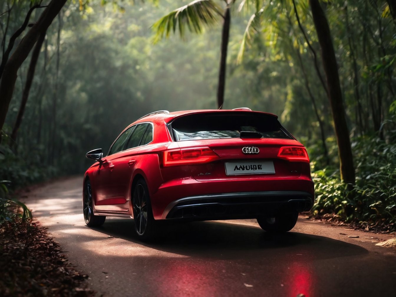 Realistic candid photo, view from back, hatchback car, brand AUDI, gross red body, in the jungle, morning light, high shadow detail,
