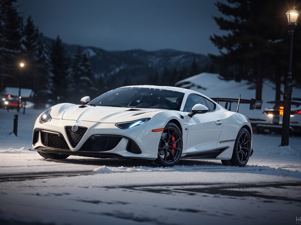 2030s era, supercar, coupe, white body paint, racing custom, open front light, designed by Alfa Romeo, in the festival, snowy, night time, (best quality, realistic, photography, highly detailed, 8K, HDR, photorealism, naturalistic, lifelike, raw photo) 