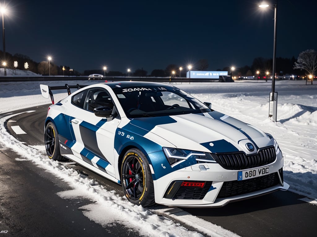 2030s era, supercar, coupe, silver body paint, racing custom, open front light, designed by Skoda, in the festival, snowy, night time, (best quality, realistic, photography, highly detailed, 8K, HDR, photorealism, naturalistic, lifelike, raw photo) 