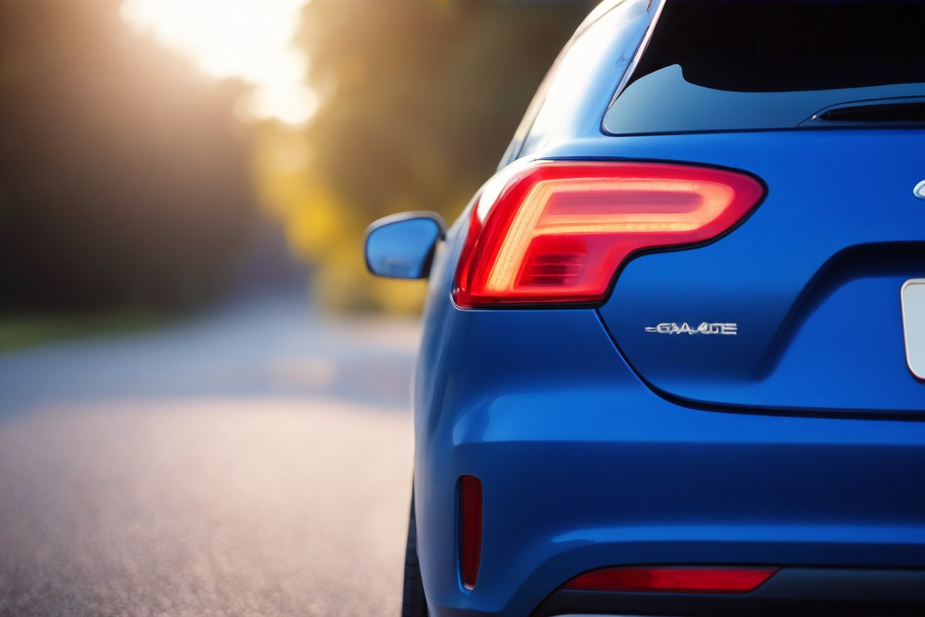 Realistic candid photo, view from back, hatchback car, brand Ford, gross blue body, in the desrt, morning light, high shadow detail,
