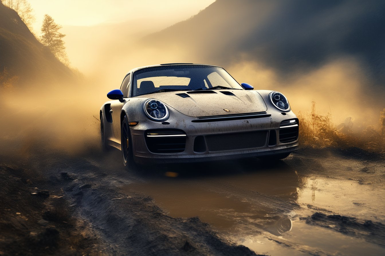 Rally car, (Porsche), in the valley, mud stained, dawn, misty, (below view), (realistic, photo, photorealistic)