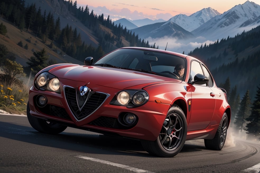 Rally car, (Alfa Romeo), in the mountains, misty, dawn, (from front view), 