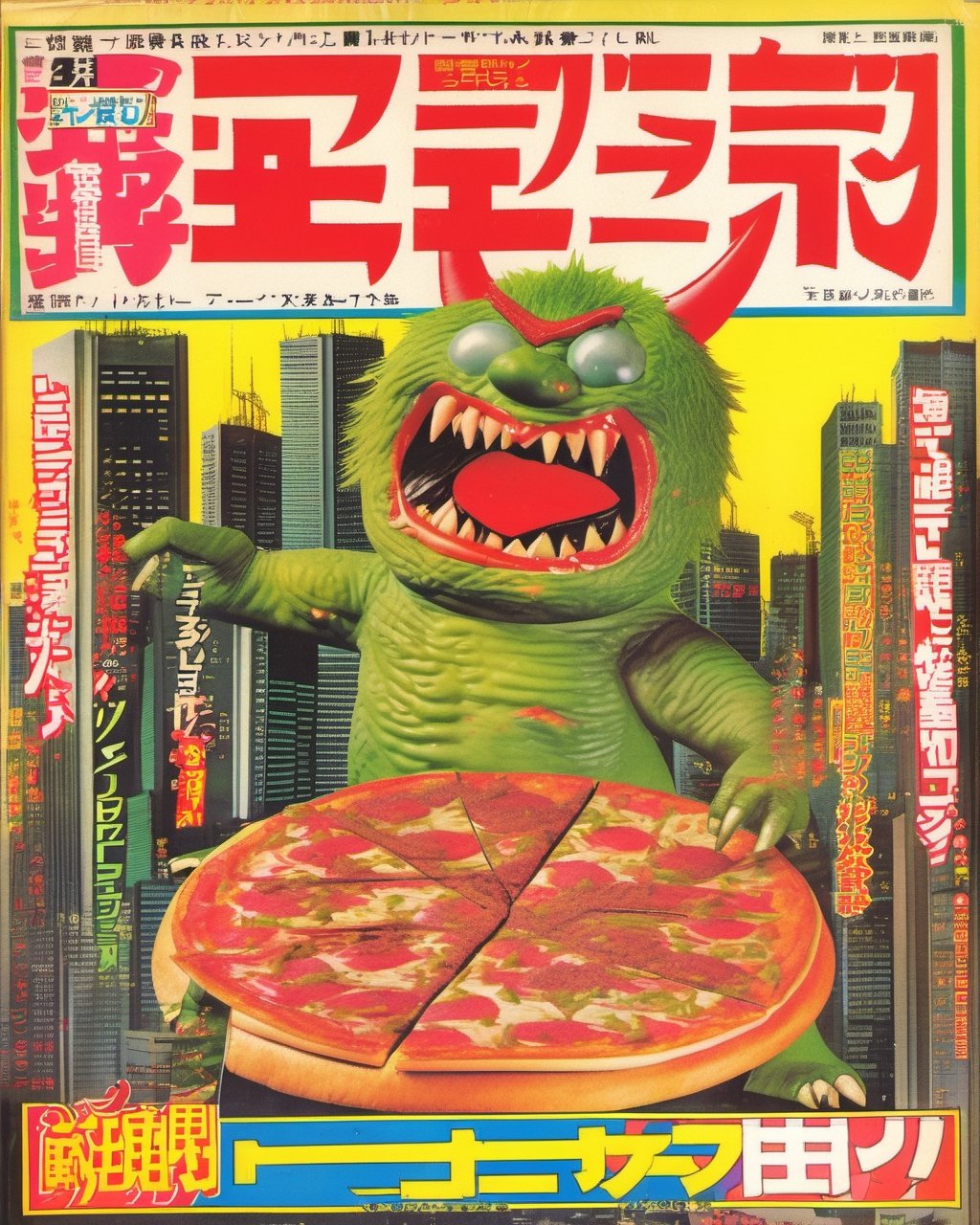 Retro_Magazine, japanese cover magazine from 80s, green monster with fierce face with giant teeth and tiny ears with a lot of hair attacking humans in the city, eating a giant pizza, midnight, detailed lines, edges