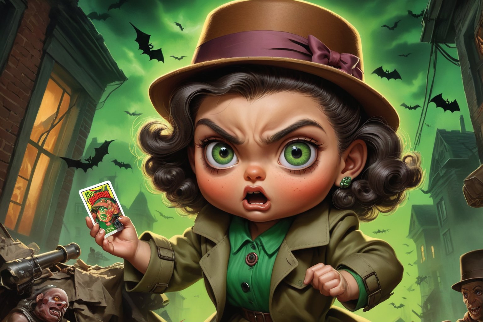 An illustration of a Garbage Pail Kids trading card featuring a quirky, exaggerated depiction of a sensual Italian brunette woman with green eyes as an Allied spy during World War II. The character, dressed in a sleek, vintage spy outfit, blends into the opulent yet dangerous world of espionage, with elements of 1940s style, such as a trench coat, fedora, and hidden weapons. She is on a covert mission to take down Nazi Germany, and the scene captures her in a tense, shadowy environment reminiscent of wartime Europe. The background hints at a Nazi-occupied city, with dark alleyways, dimly lit streets, and ominous Nazi symbols in the distance. Her expression is a mix of determination and cunning, with exaggerated features like large, expressive green eyes. The illustration blends the seriousness of the war setting with the exaggerated, slightly gross-out humor typical of Garbage Pail Kids, creating a unique and intense scene that captures both the high stakes of espionage and the playful absurdity of the trading card series, halloween