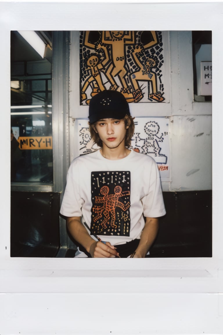 polaroid of Keith Haring (drawing:1.5) in the New York City subway, 1983