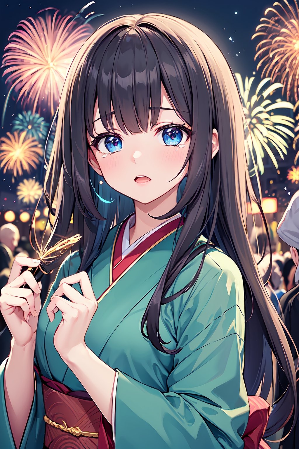 (Masterpiece, best quality, high quality), 1girl, beautiful face, blue eyes, long hair, best view, solo_female, better_hands, kimono, night sky, fireworks,firefliesfireflies,masterpiece, cry, crying, realhands, female hands