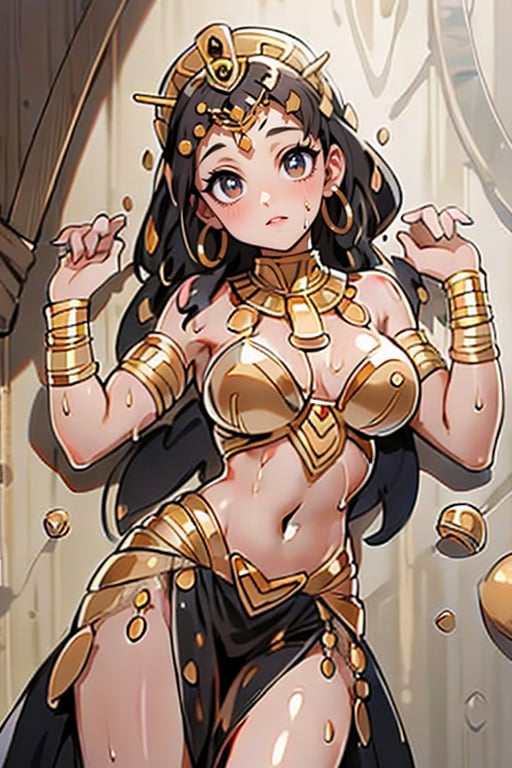 (masterpiece), (best quality),An Egyptian princess Cleopatra, white kalasiris,  Egyptian style, high_resolution, Egyptian style royalty,busty and sexy girl, 8k, masterpiece, ultra-realistic, best quality, high resolution, high definition,Shizuka Minamoto,wet body, oily body, shiney body, hourglass body shape, Bell button,more detailed skin , black eyes,Shizuka , lying , blushing,