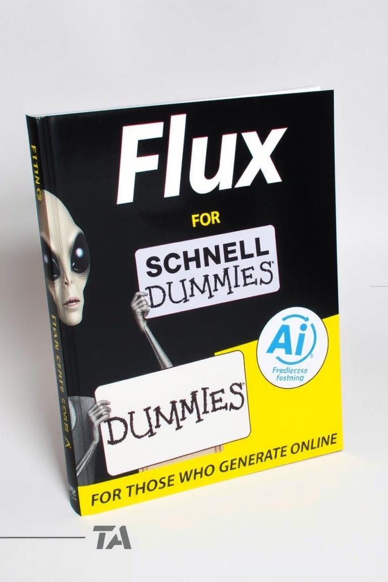 FLUX FOR DUMMIES BOOK COVER,ALIEN WITH A SIGN THAT SAYS "SCHNELL" ,TEXT ON THE BOTTOM THAT SAYS "FOR THOSE WHO GENERATE ONLINE",TA LOGO ON LEFT,AI LOGO ON RIGHT,