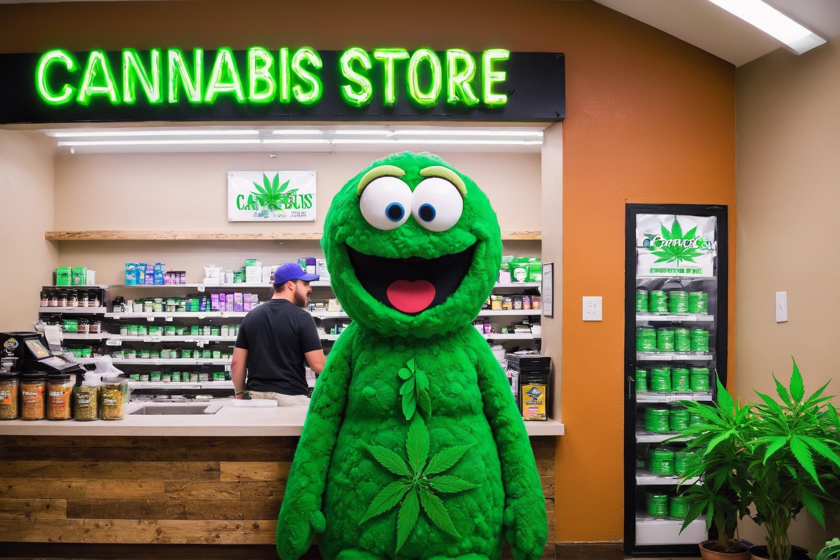 photo of towelie at the cannabis store dispensory,  photorealistic marijuana