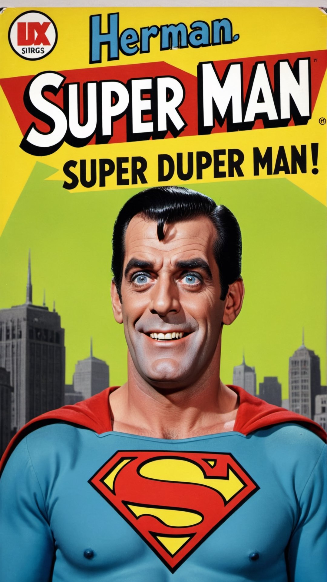 Photo of Herman  Munster as Superman with signs that says "super DUPER man"