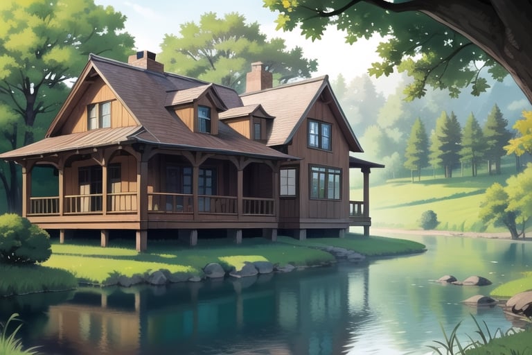 master piece, wood house in the forest, lake next to house, sunlight