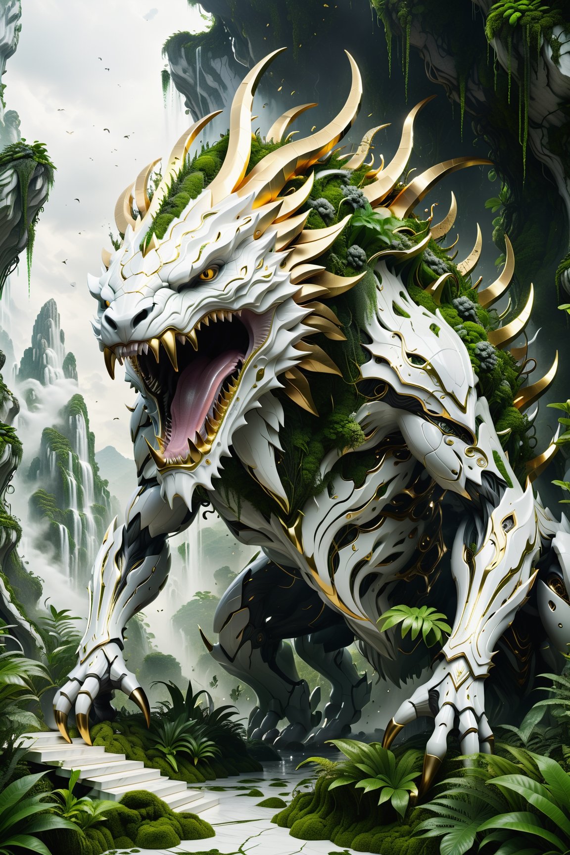 High definition photorealistic render of an incredible and mysterious futuristic mythical creating creature inusual big with multiple and many teeth and thin legs in splosion monster with parametric shape and structure in the word, curved and fluid shapes in a thick jungle full of a lot of vegetation and trees with vines and rocks with moss, in white marble with intricate gold details, luxurious details and parametric architectural style in marble and metal, epic pose
​