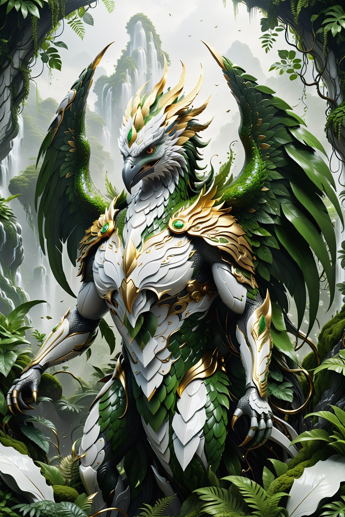 High definition photorealistic render of an incredible and mysterious futuristic mythical creature with scales, hair,  wings and feathers, in splosion monster with parametric shape and structure in the word, curved and fluid shapes in a thick jungle full of a lot of vegetation and trees with vines and rocks with moss, in white marble with intricate gold details, luxurious details and parametric architectural style in marble and metal, epic pose
​