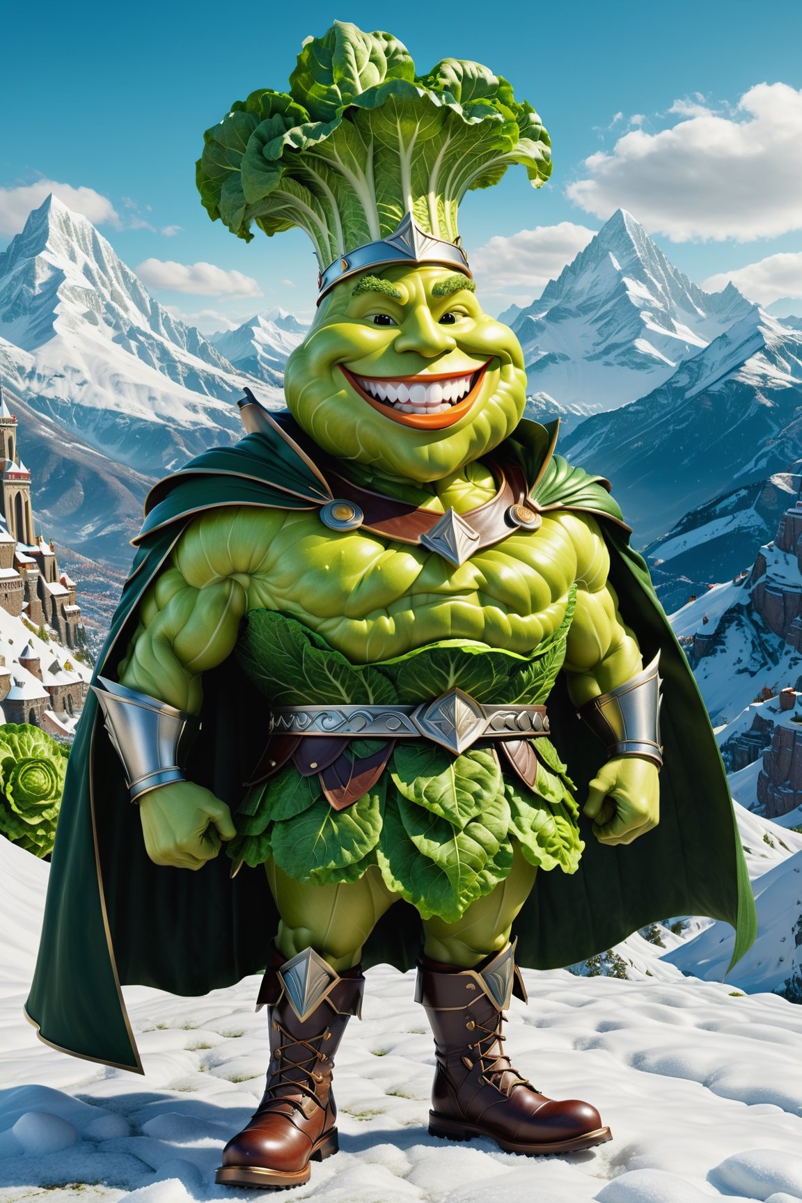 High definition photorealistic render of an incredible and mysterious character of a head mr lettuce vegetable warrior, with muscles and a big smile, with boots and capes, in a mountains snow, with luxurious details in marble and metal and details in parametric architecture and art deco, the vegetable It must be the head of the character full body pose themed lettuce themed costumes, magical phantasy