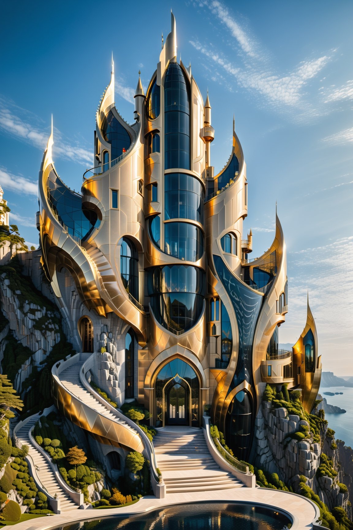 (best quality,  highres,  ultra high resolution,  masterpiece,  realistic,  extremely photograph,  detailed photo,  8K wallpaper,  intricate detail,  film grains), 
luxurious surreal scene of a giant vertical castle with dragon and hypersound rocket in parametric style, with flowing curves in black and white marble, gold metal and iridescent glass, inspired by Zaha Hadid, symmetrical, flowing curves and pointed corners, an aggressive design and imposing with art deco style details, located on an impressive and enigmatic cliff with glass stairs and dancing waters with a climate
