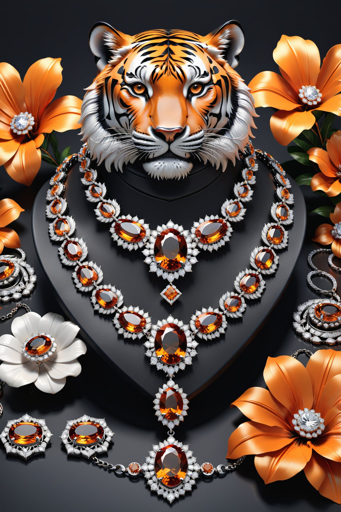 Photorealistic render in high definition of a jewelry set that includes a necklace, a bracelet, a ring and a pair of earrings, made of diamonds and black and orange precious stones, this entire set must be themed in the shape of a real tiger , until presentation, the background must include feathers and flowers on a fabric background, iridescent glass and marble and luxurious oriental external decoration, full of elegant mystery, symmetrical, geometric and parametric details, Technical design, Ultra intricate details, Ornate details, Stylized details, Cinematic lighting, 8k, Unreal, Photorealistic, Hyperrealism, CGI, VFX, SFX