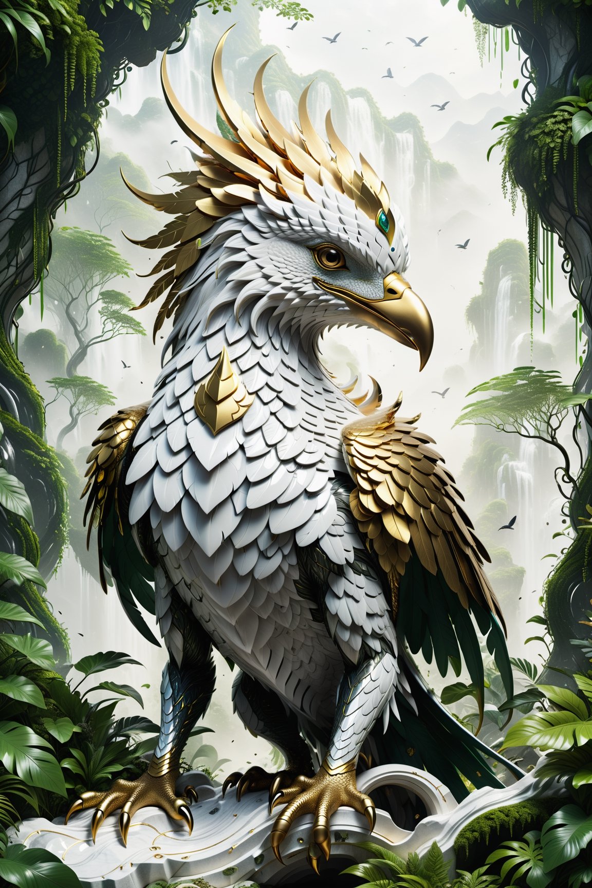 High definition photorealistic render of an incredible and mysterious futuristic mythical creature with scales, hair,  wings and bird feathers, in splosion monster with parametric shape and structure in the word, curved and fluid shapes in a thick jungle full of a lot of vegetation and trees with vines and rocks with moss, in white marble with intricate gold details, luxurious details and parametric architectural style in marble and metal, epic pose
​