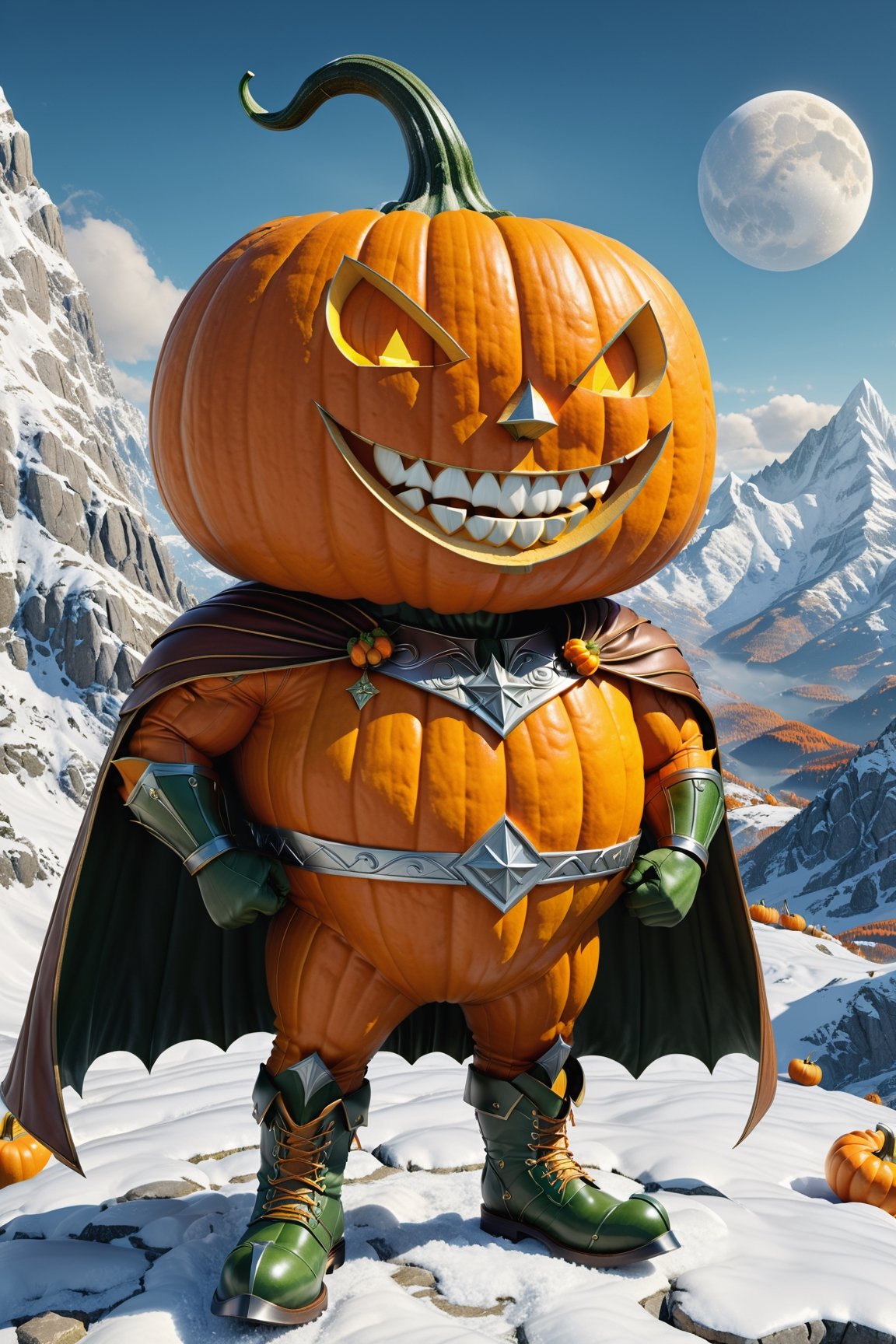 High definition photorealistic render of an incredible and mysterious character of a head mr pumpkin vegetable warrior, with muscles and a big smile, with boots and capes, in a mountains snow, with luxurious details in marble and metal and details in parametric architecture and art deco, the vegetable It must be the head of the character full body pose themed pumpkin themed costumes, magical phantasy