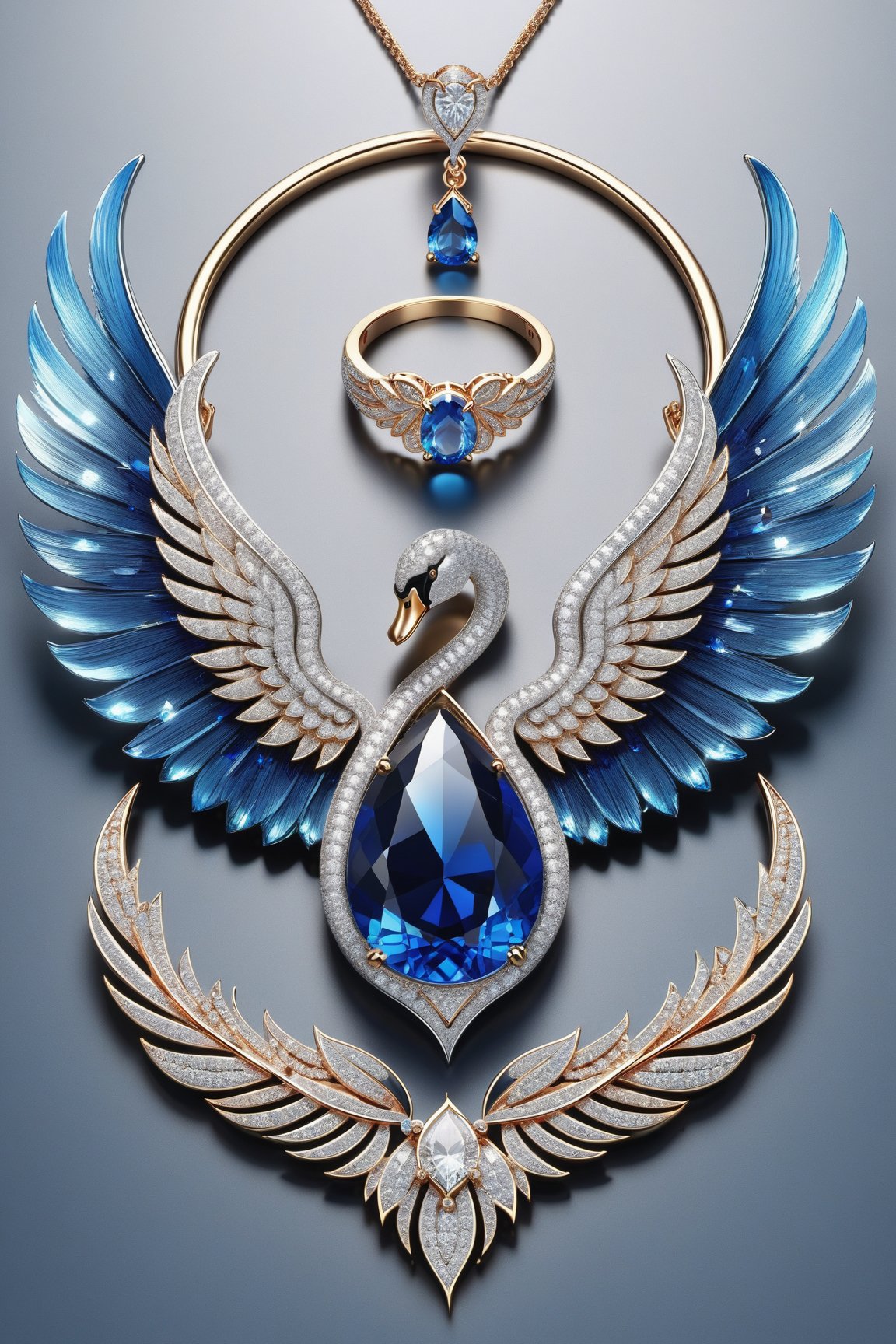 Photorealistic render in high definition of a jewelry set that includes a necklace, a bracelet, a ring and a pair of earrings, made of diamonds and blue precious stones, this entire set must be themed in the shape of a swan, with wings of swan, until presented, the background must include swan feathers on a fabric background, iridescent glass and marble and luxurious oriental external decoration, full of elegant mystery, symmetrical, geometric and parametric details, Technical design, Ultra intricate details, Ornate details , Stylized details, Cinematic lighting, 8k, Unreal, Photorealistic, Hyperrealism, CGI, VFX, SFX