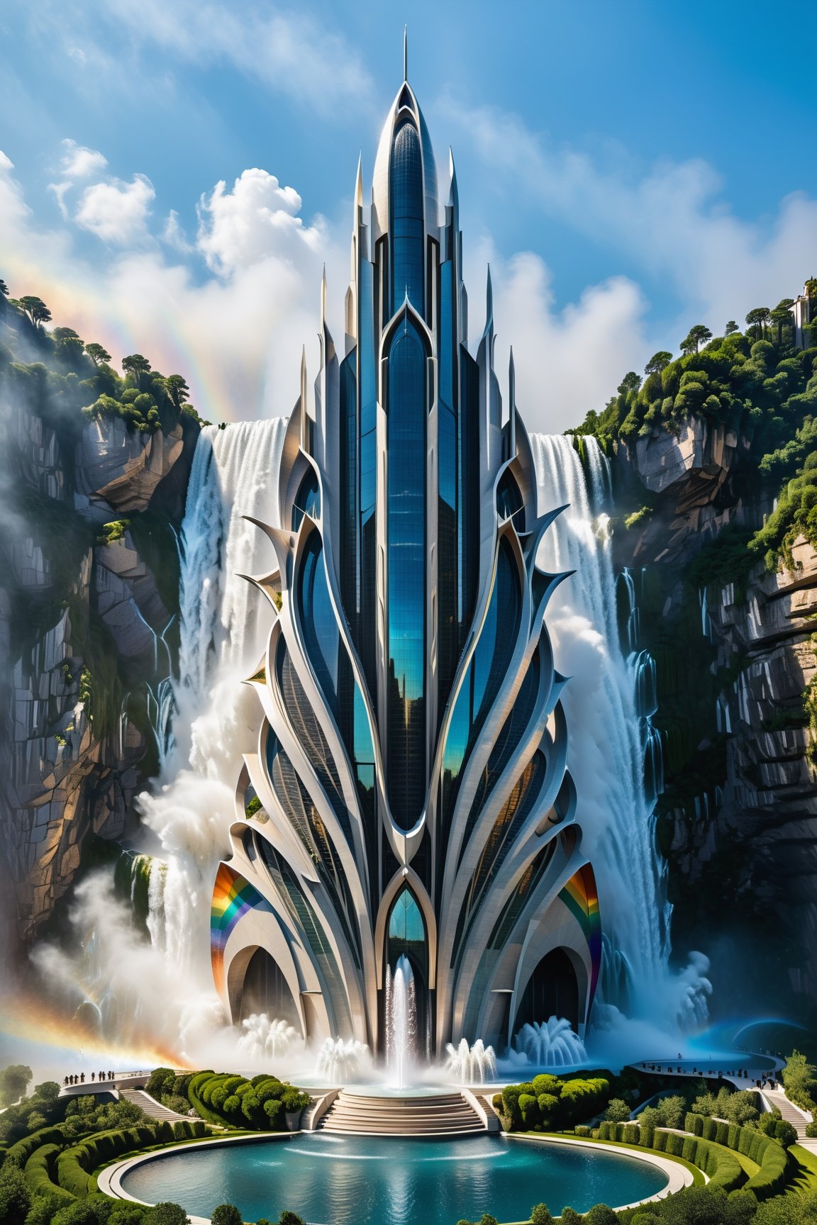(best quality,  highres,  ultra high resolution,  masterpiece,  realistic,  extremely photograph,  detailed photo,  8K wallpaper,  intricate detail,  film grains), luxurious parametric sculpture in marble and metal of a mega rocket with giant glass wings, in marble and iridescent metal, rainbow, located in a giant waterfall with fog and a lot of explosion of water and vegetation, inspired by the sculptural designs of Zaha Hadid, must be symmetrical and with shapes similar to wings, and in the middle there should be a sword with a throne-style Gothic design and everything with very fluid curves and pointed corners, an aggressive and imposing design with a lot of details in each parametric curve, the design must being inside a castle with marble, fire pits and decorative water fountains and particles of smoke and dust, details in precious stones
