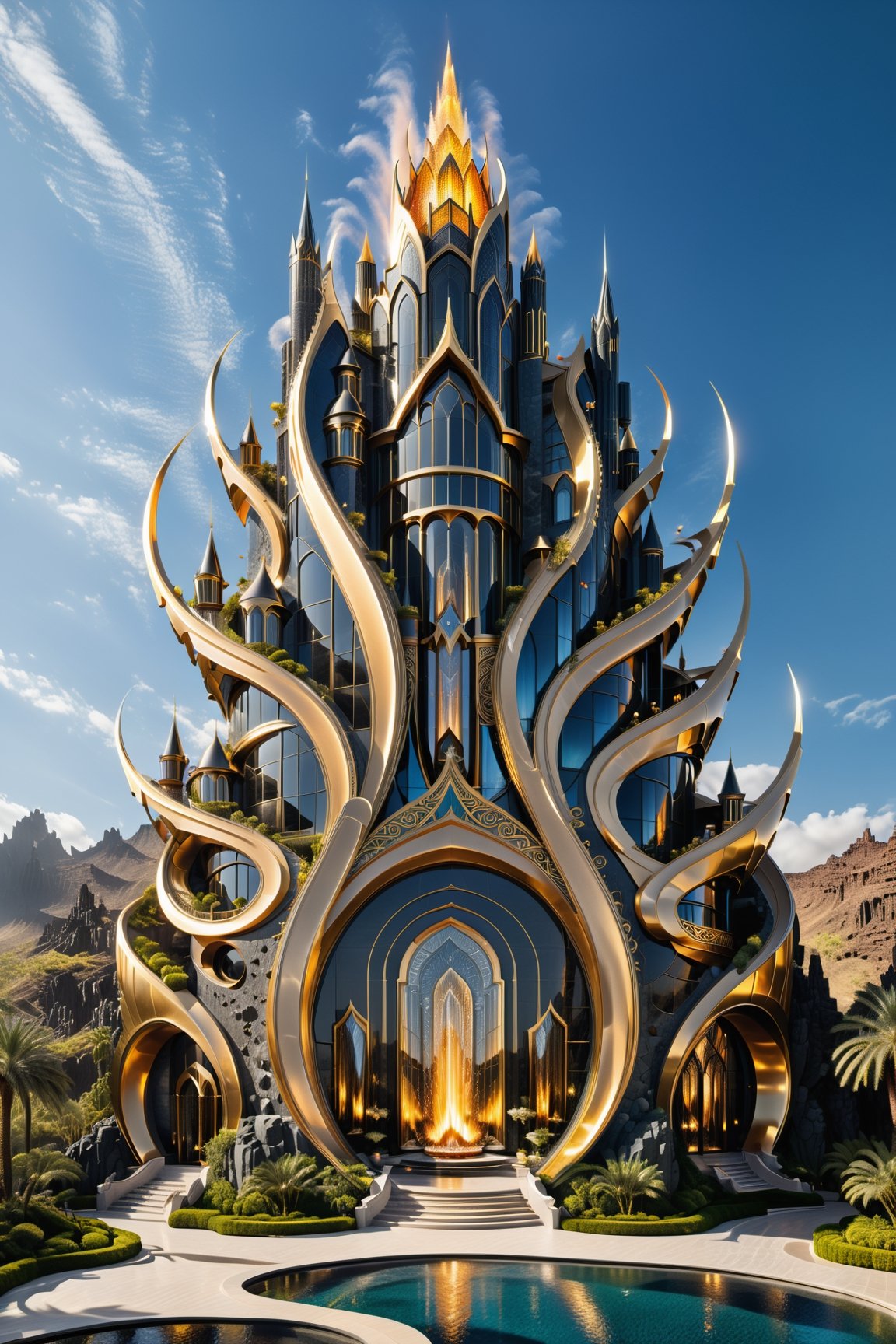 (best quality,  highres,  ultra high resolution,  masterpiece,  realistic,  extremely photograph,  detailed photo,  8K wallpaper,  intricate detail,  film grains), luxurious surreal scene of a giant vertical castle with dragon and hypersound rocket in parametric style, with flowing curves in black and white marble, gold metal and iridescent glass, inspired by Zaha Hadid, symmetrical, flowing curves and pointed corners, an aggressive design and imposing with art deco style details, located in a shocking, magical and resplendent dreamlike setting in a lava desert with waterfalls of brilliant gems and dancing flames with lakes and palm trees around