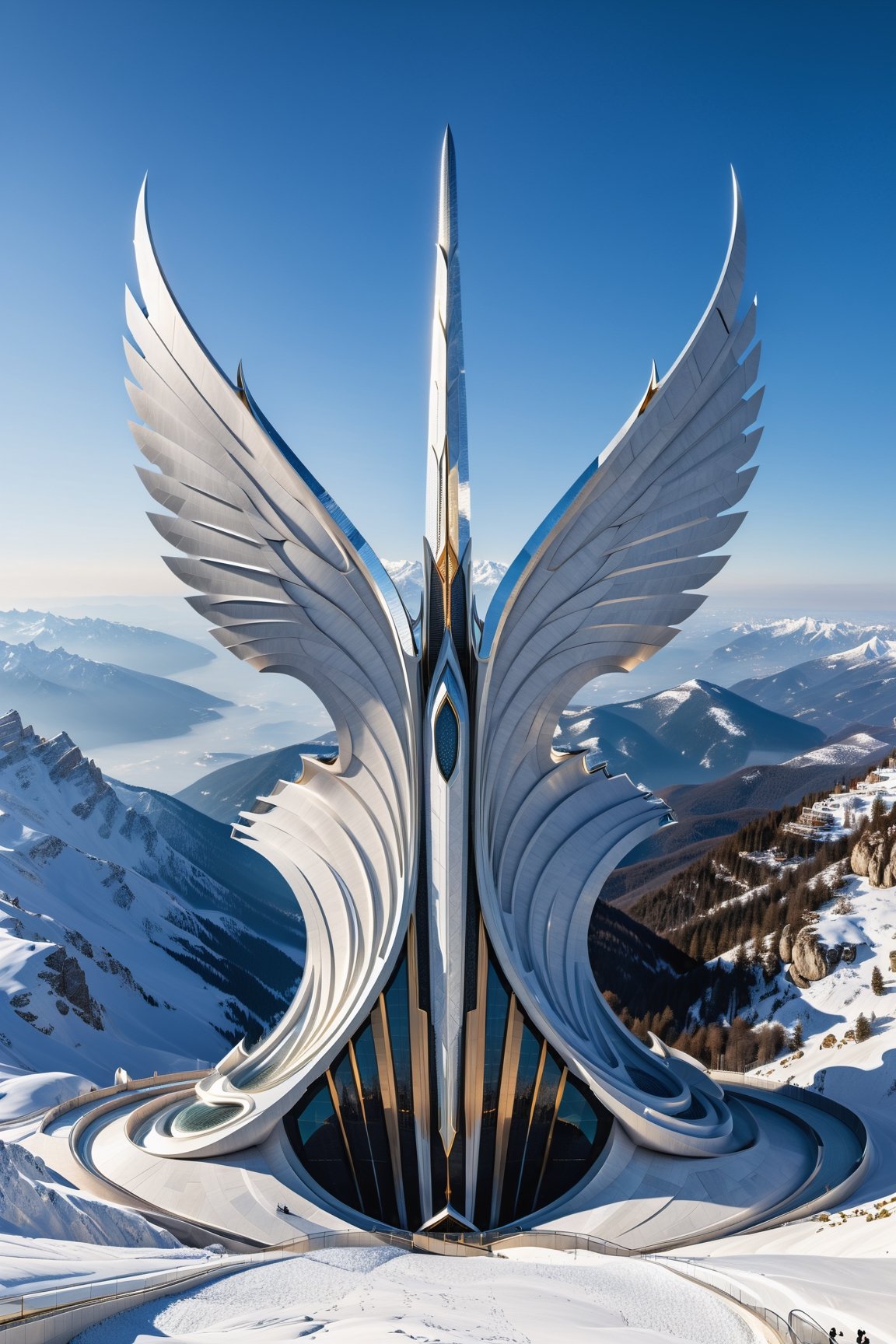 (best quality,  highres,  ultra high resolution,  masterpiece,  realistic,  extremely photograph,  detailed photo,  8K wallpaper,  intricate detail,  film grains), luxurious parametric sculpture in marble on a snowy mountain, in metal of a mega rocket with giant glass wings, inspired by the sculptural designs of Zaha Hadid, it must be symmetrical and with shapes similar to the wings, and in the middle there must be a sword with a throne-style gothic design and general everything with very fluid curves and pointed corners, an aggressive and imposing design with a lot of details in each parametric curve, the design should be inside a castle with marble, fire pits and decorative water fountains and particles of smoke and dust, details in precious stones