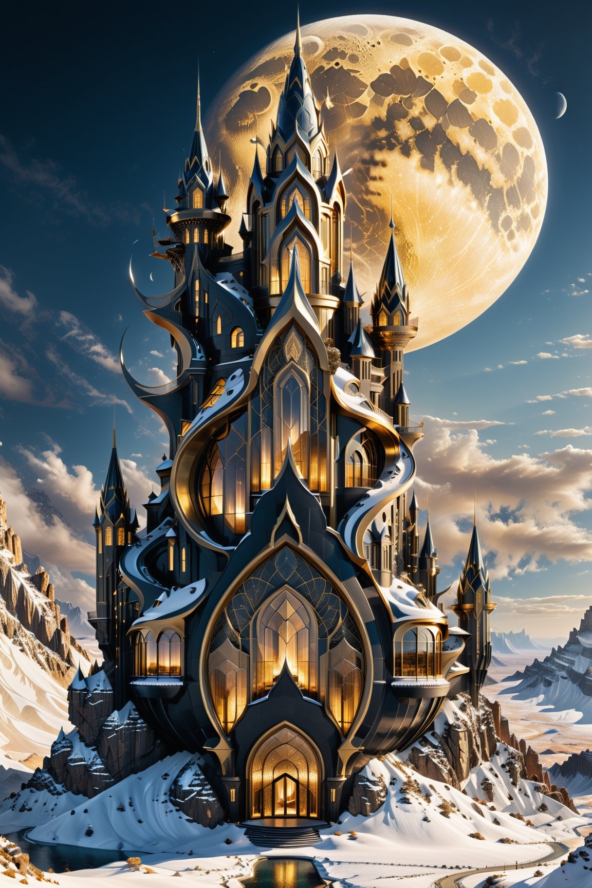 (best quality,  highres,  ultra high resolution,  masterpiece,  realistic,  extremely photograph,  detailed photo,  8K wallpaper,  intricate detail,  film grains), 
luxurious surreal scene of a giant vertical castle with dragon and hypersound rocket in parametric style, with flowing curves in black and white marble, gold metal and iridescent glass, inspired by Zaha Hadid, symmetrical, flowing curves and pointed corners, an aggressive design and imposing with details in art deco style, located in a shocking, magical and resplendent dreamscape in the middle of a snowy rocky desert under a visible giant moon