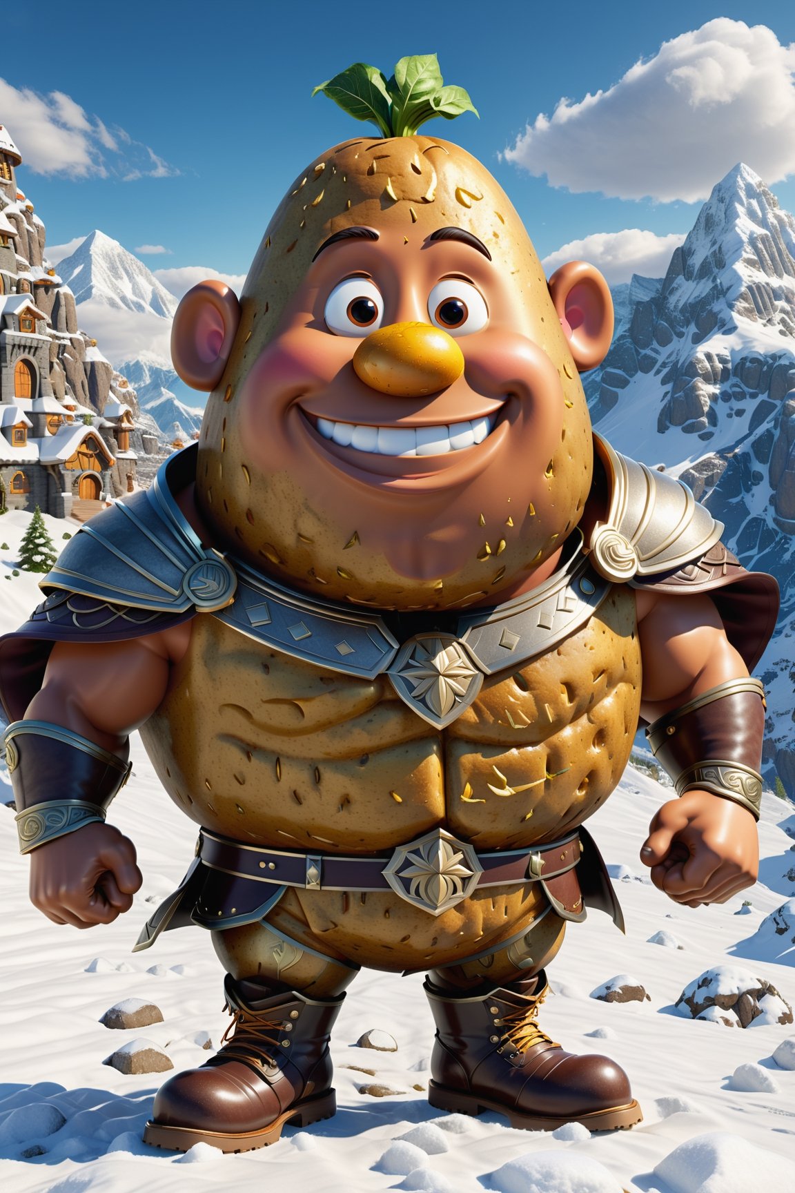 High definition photorealistic render of an incredible and mysterious character of a head mr potato warrior, with men muscles and a big smile, with boots and capes, in a mountains snow, with luxurious details in marble and metal and details in parametric architecture and art deco, the vegetable It must be the head of the character full body pose themed potato themed costumes, magical phantasy